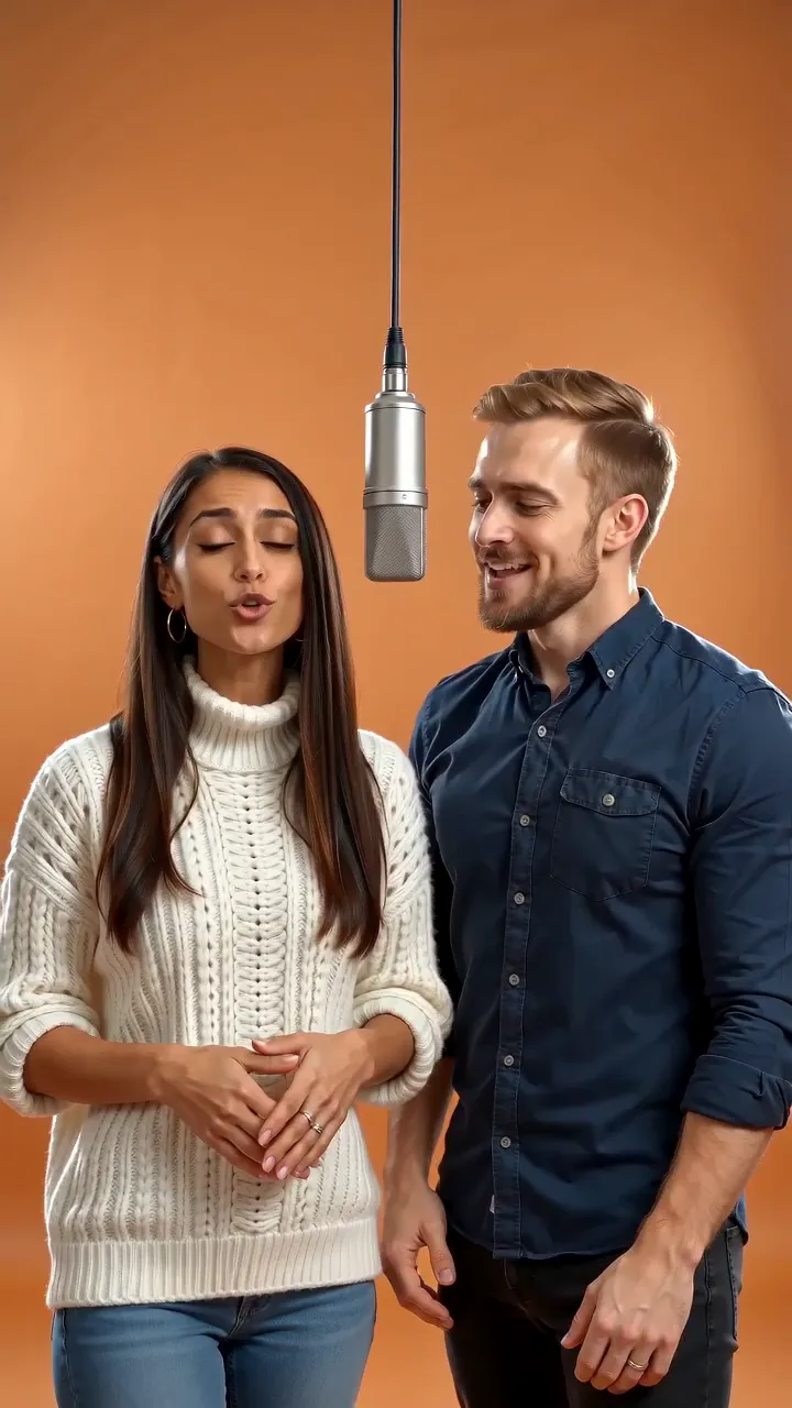 A couple rapping in an orange studio booth with one hanging microphone