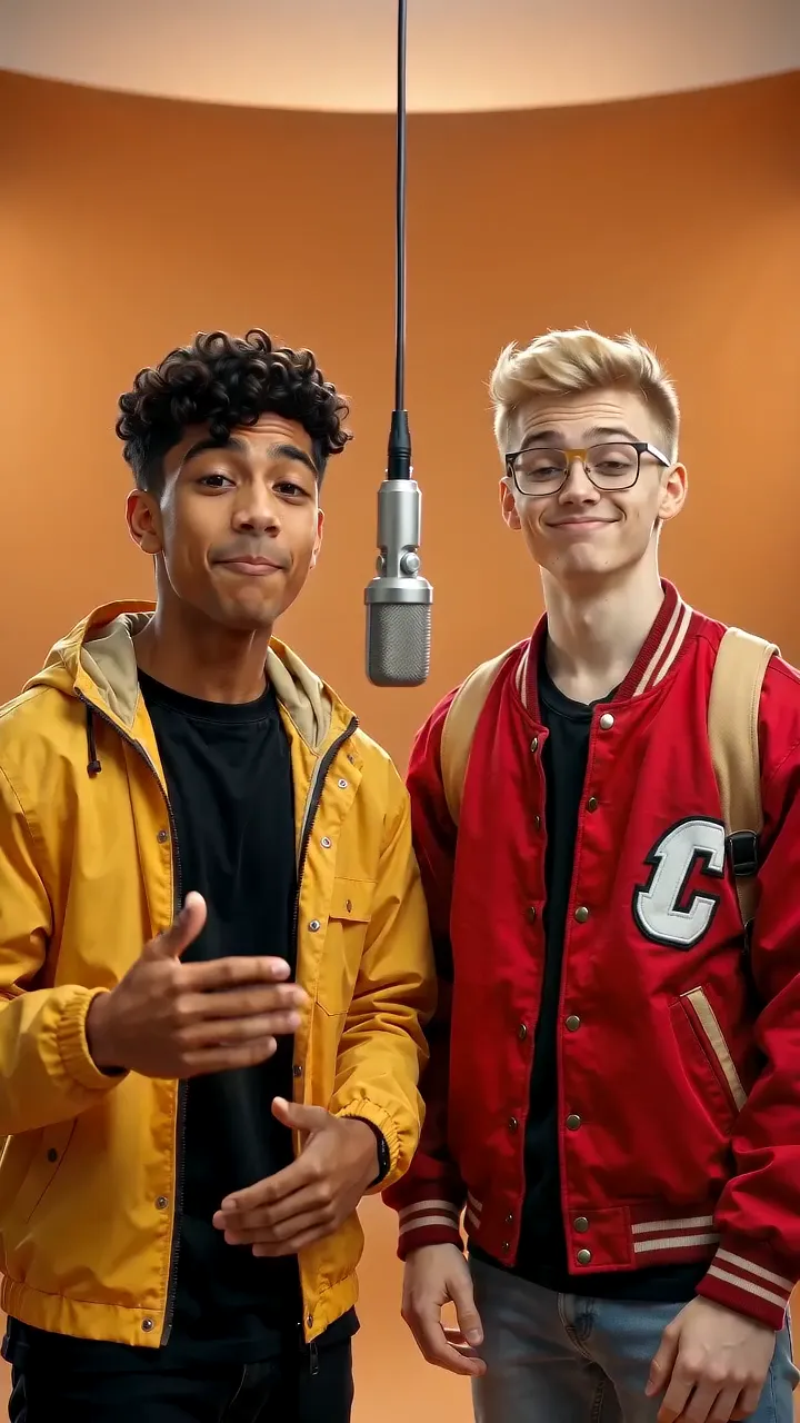 Two friends rapping in an orange studio booth with one hanging microphone